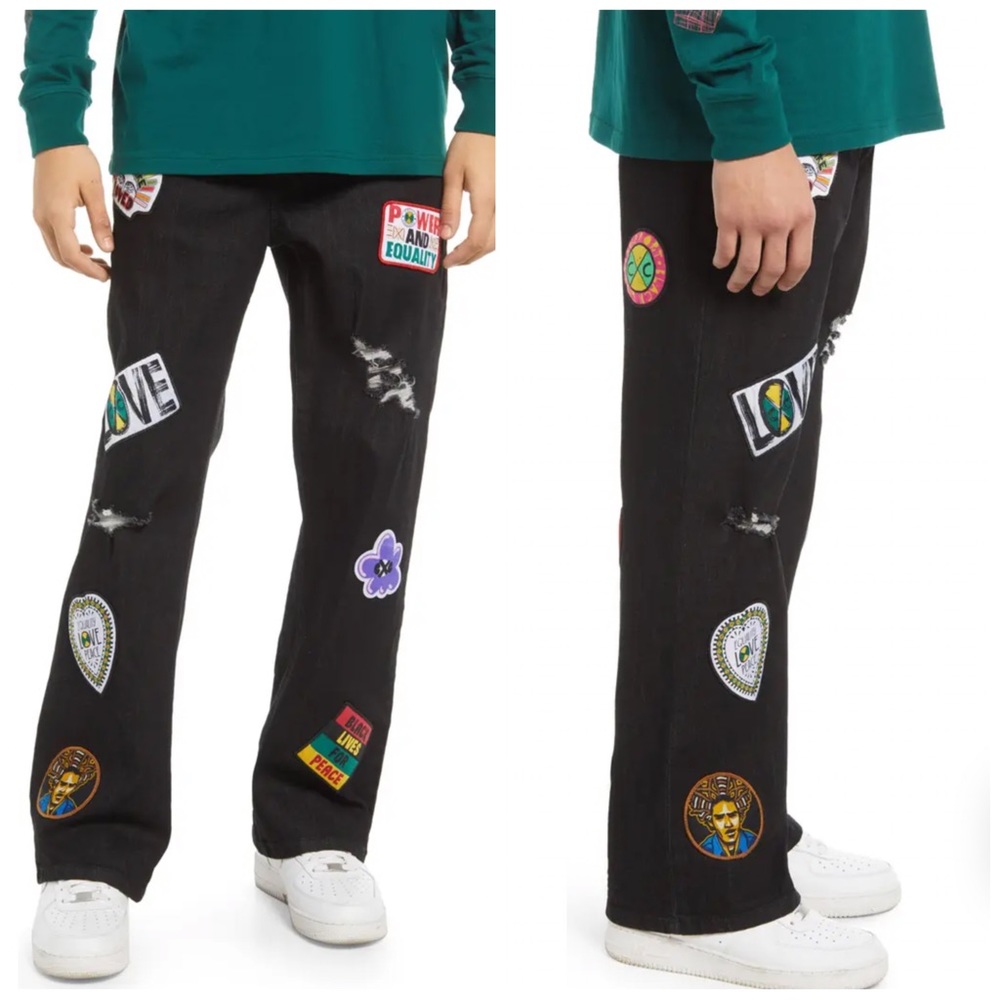 Cross Colours Mens Empowerment Patched Relaxed Jeans